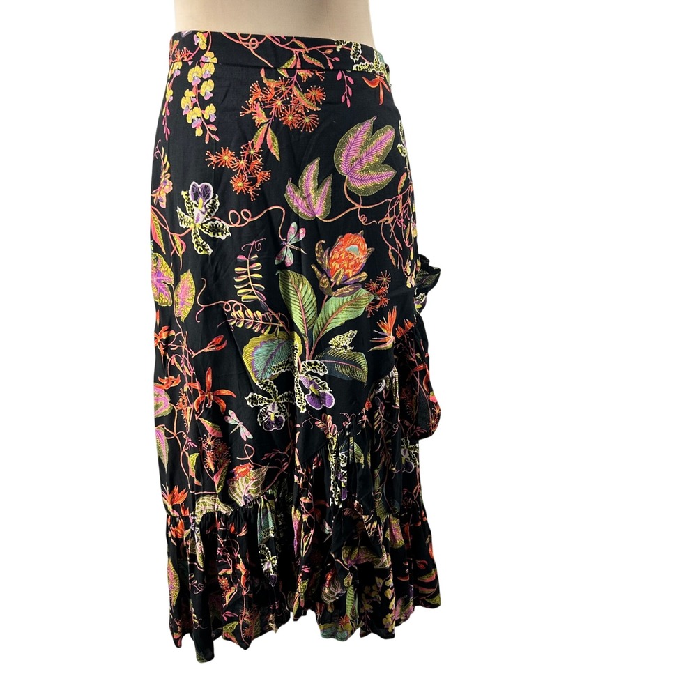 H&M Tropical Botanical Orchid Ruffle Asymmetrical Midi Skirt Black Floral US 10